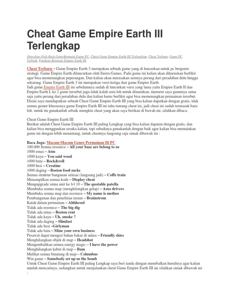 Cheat Game Empire Earth. Cheat Game Empire Earth III Terlengkap