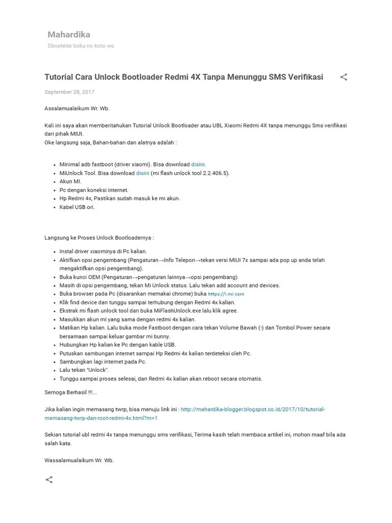 Root Redmi 4x Tanpa Ubl. Tutorial Cara Unlock Bootloader Redmi 4X Tanpa Menunggu SMS Verifikasi