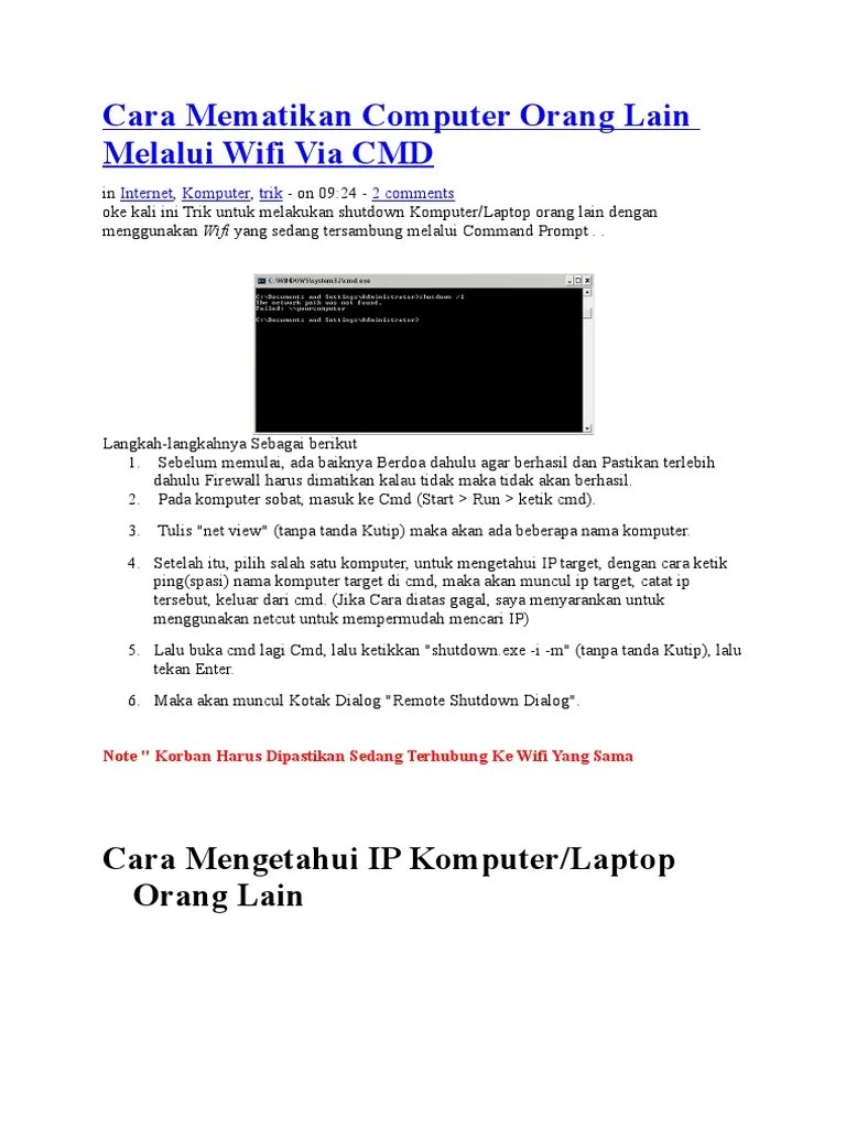 Cara Masuk Ke Komputer Orang Lain Lewat Cmd. Cara Mematikan Computer Orang Lain Melalui Wifi Via CMD