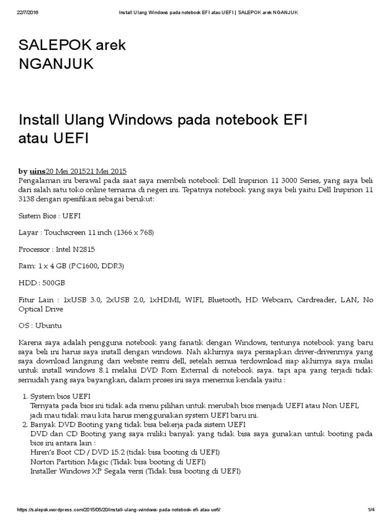 Cara Install Ulang Laptop Hp Dengan Flashdisk. Install Ulang Windows Pada Notebook EFI Atau UEFI - SALEPOK Arek NGANJUK