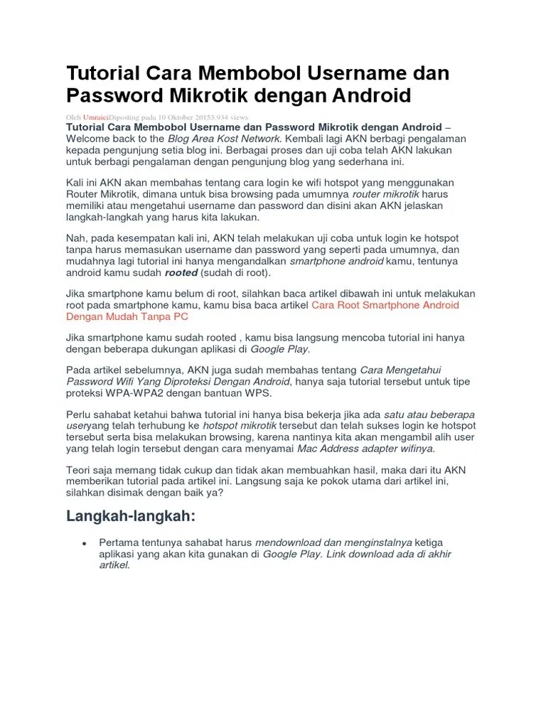 Cara Hack Hotspot Mikrotik Dengan Android. Tutorial Cara Membobol Username Dan Password Mikrotik Dengan Android
