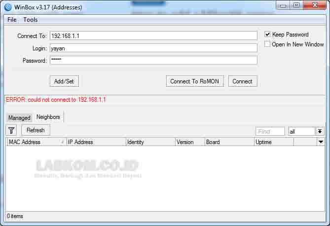 Tidak Bisa Masuk Mikrotik Lewat Winbox. Solusi untuk pesan error ketika login pada Winbox Mikrotik