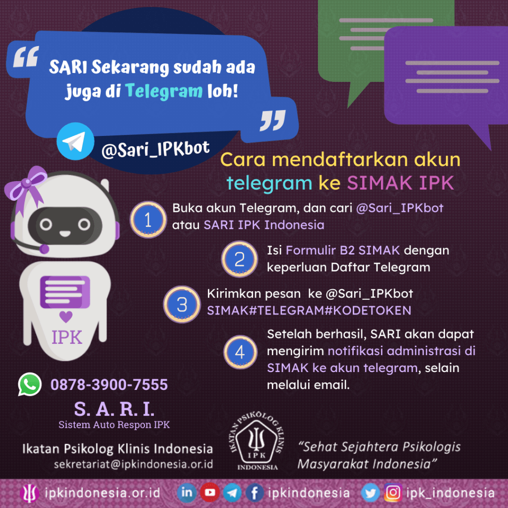 Cara Chat Bot Telegram. Cara Mendaftarkan Akun Telegram ke SIMAK IPK dan Chatbot Telegram SARI @Sari_IPKBot