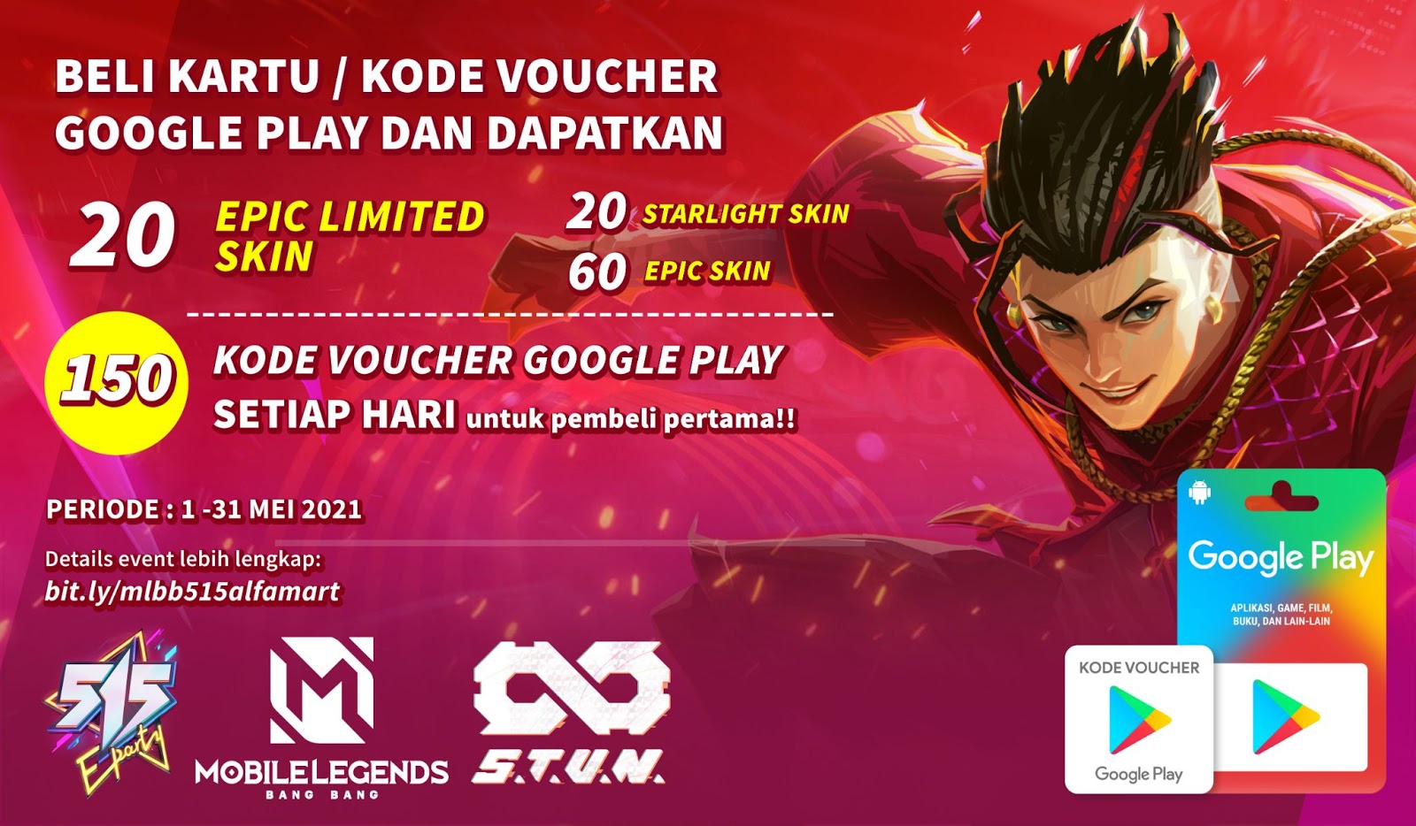 Kode Google Play Gratis 2021. 515 PARTY! GRATIS EPIC LIMITED SKIN Mobile Legends hanya di Alfamart dengan Kartu/Kode Voucher Google Play